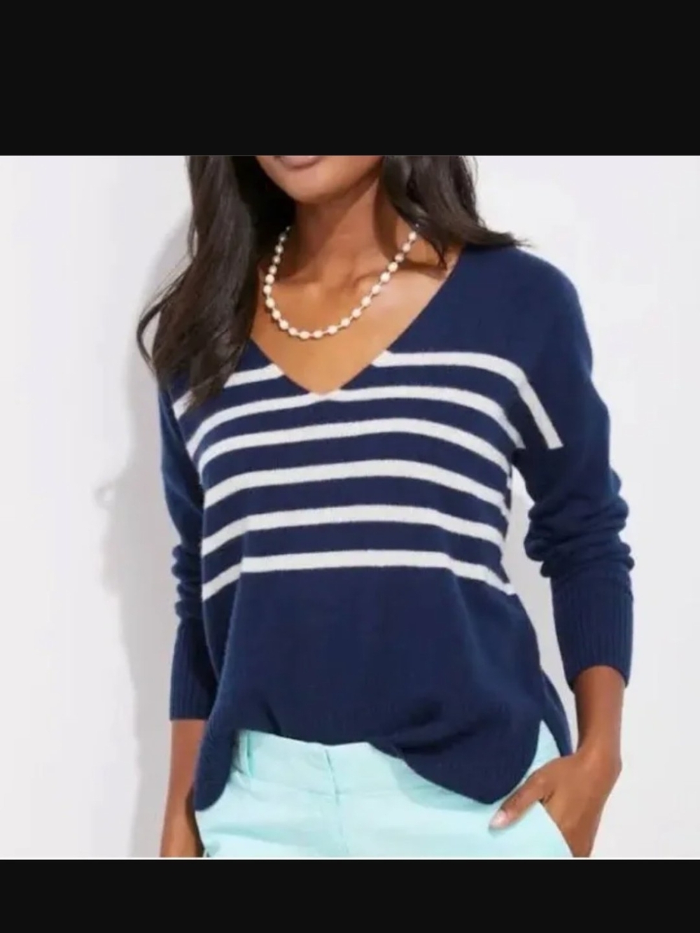 Vineyard Vines Navy and White Striped V-Neck Sweater